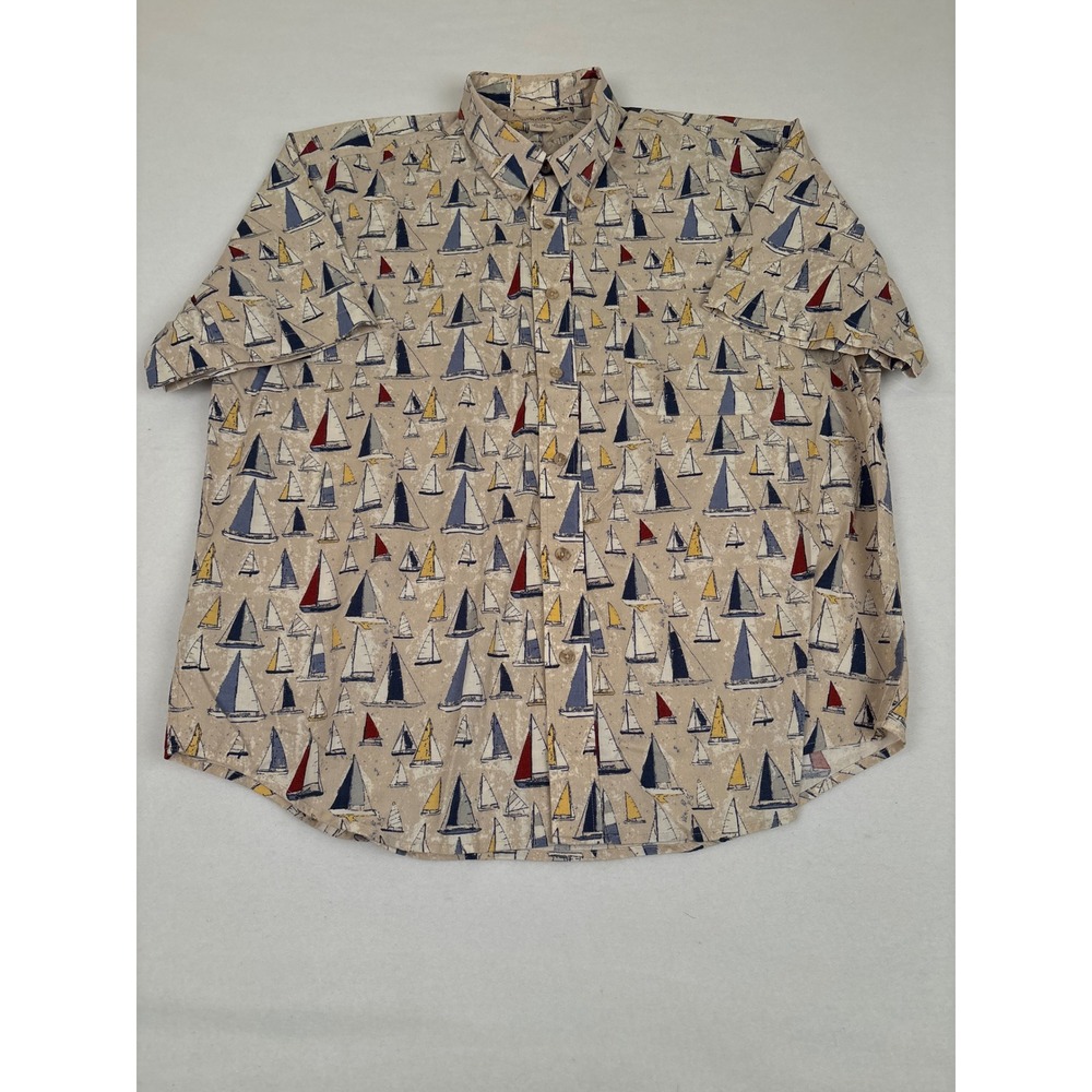 Munsingwear Mens XL Sailboat Print Short Sleeve Button Down Shirt Tan Cotton